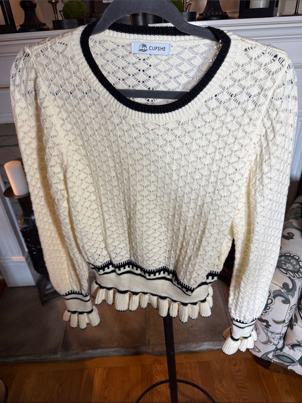 Cupshe Cream Open-Knit Sweater with Black Trim and Ruffle Hem